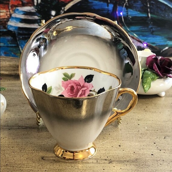 Windsor Fine Bone China Silver Ombré Teacup & Saucer Large Pink Cabbage Rose - Picture 5 of 7